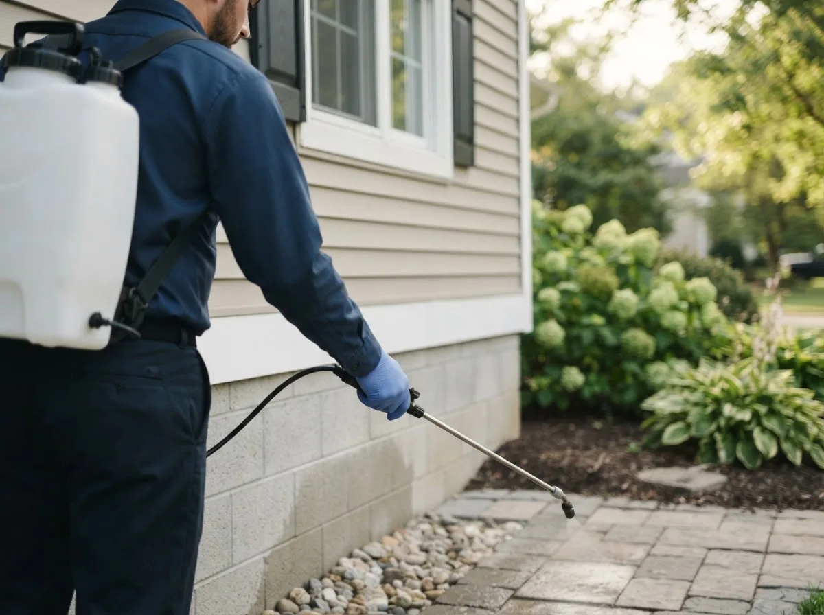 Pest control technician inspecting a home in Brayton, IA